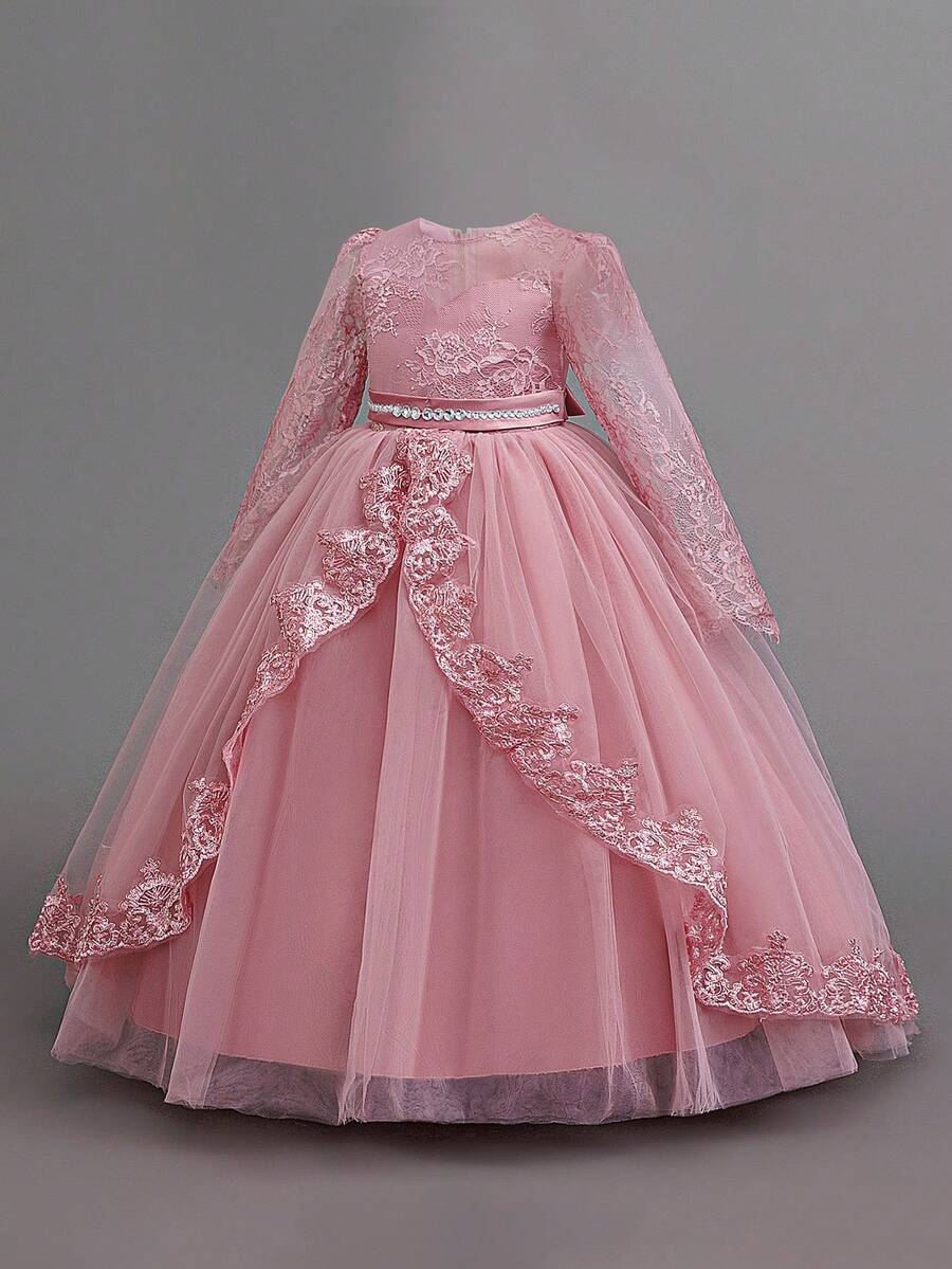 Vestido Elegante de Festa de Aniversário Diurno para Meninas Jovens, com Renda, Manga Longa, Bordado em Tule, Adequado para Casamento, Tiara Não Incluída - Rosa empoeirado - Visão 1