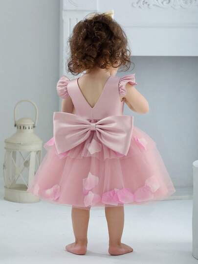 Baby Girls 0-2 Years Old Cap Sleeve Bow Decor Pale Pink Wedding Flower Girl Tulle Dress, Floral Embellished Elegant Party Dress, Suitable For 1st Birthday, Banquet, Ball, Festival Celebration