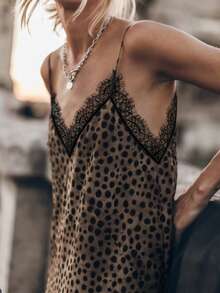 Women's Fashionable Summer Beach Vacation Sexy Elegant Retro Design Lace Patchwork Leopard Print Slip Dress - Multicolor - View 4