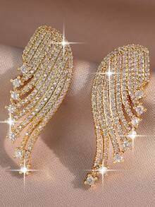 1 par de pendientes de botón con alas de circonita cúbica de lujo para accesorios de compromiso, adecuados para uso diario, fiestas de boda, cumpleaños, vacaciones, regalo de joyería - Amarillo Oro - Ver 12