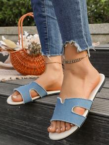 （建议选购大一码）女士套脚凉鞋，夏季闭趾平底塑料拖鞋，软底带衬垫浴室拖鞋，可爱休闲家居拖鞋，适合女士、学生、浴室穿着 - 藍色 - 查看 4