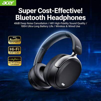 Acer OHR516 Over-Ear Wireless Bluetooth Headphones: Deep Noise Cancellation, High-Resolution Sound Quality For Detailed Audio Reproduction, Immersive Experience For Sports, Music, And Gaming. Compatible With Huawei And Apple Devices.