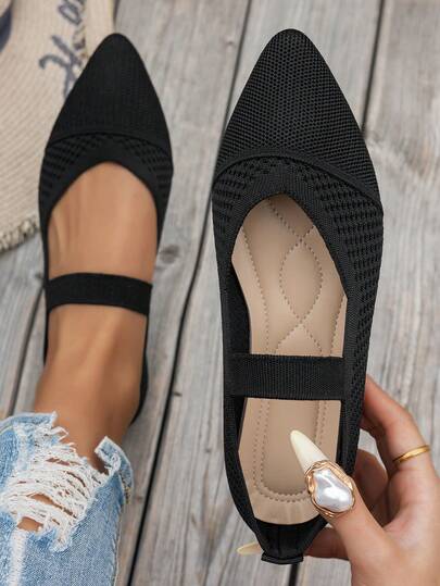 Plus Size Women's Pointed Toe Knit Casual Ballet Shoes, Breathable Slip-On Loafers, Comfortable Versatile Flat Shoes, Bohemian Style Black/White/Beige, Suitable For Spring, Summer, Autumn