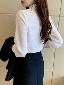 French Pointed Collar Blouse For Women, Spring & Autumn New Arrivals, Pleated Design Textured Undershirt, High-End Long Sleeve Top White - White - View 5