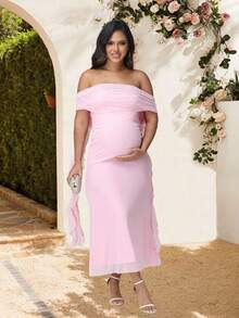 孕妇优雅露肩荷叶边连衣裙，适合婴儿派对和夏季穿着 - 淺粉色 - 查看 1
