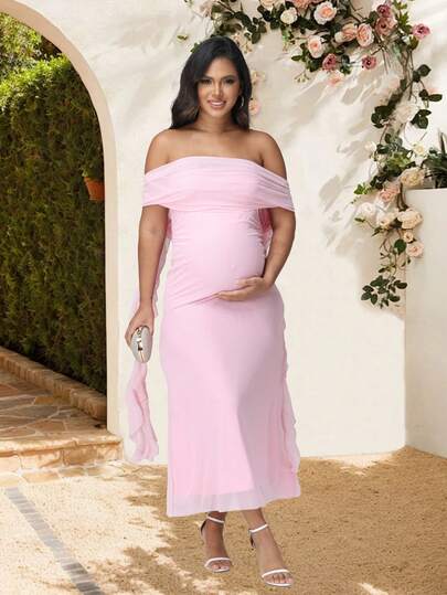 JustVH 孕妇优雅露肩荷叶边连衣裙，适合婴儿派对和夏季穿着