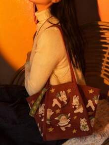 Korean Style Casual Rabbit Design Large Capacity Shoulder Tote Bag For Women, Suitable For Daily Outing, Commuting, Shopping - Multicolor - View 5