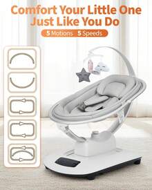 Columpios eléctricos para bebés y niños, columpio infantil con 5 modos de movimiento y 5 velocidades, control remoto, asiento reclinable con arnés de 5 puntos, 5 música preestablecida - Gris Claro - Ver 3