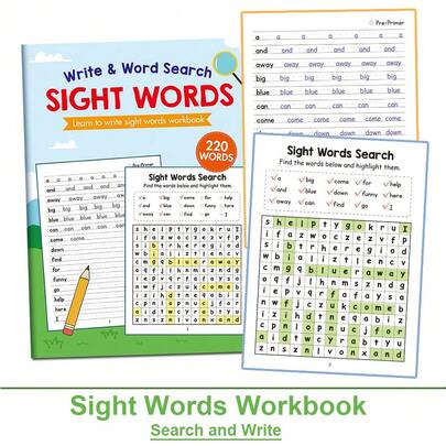 220 Sight Words Workbook, Children's English Word Learning Workbook, Handwritten Exercise Book For English Visual Word Tracking, Writing, And Word Search Activities, English Education Aid Tool