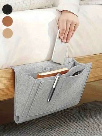1pc Felt Bedside/Sofa Storage Box With 3-Pocket Hanging Organizer Bag, For Magazines, Books, Tablets, IPads, Cables, Remote Controls, Water Bottles, Etc.