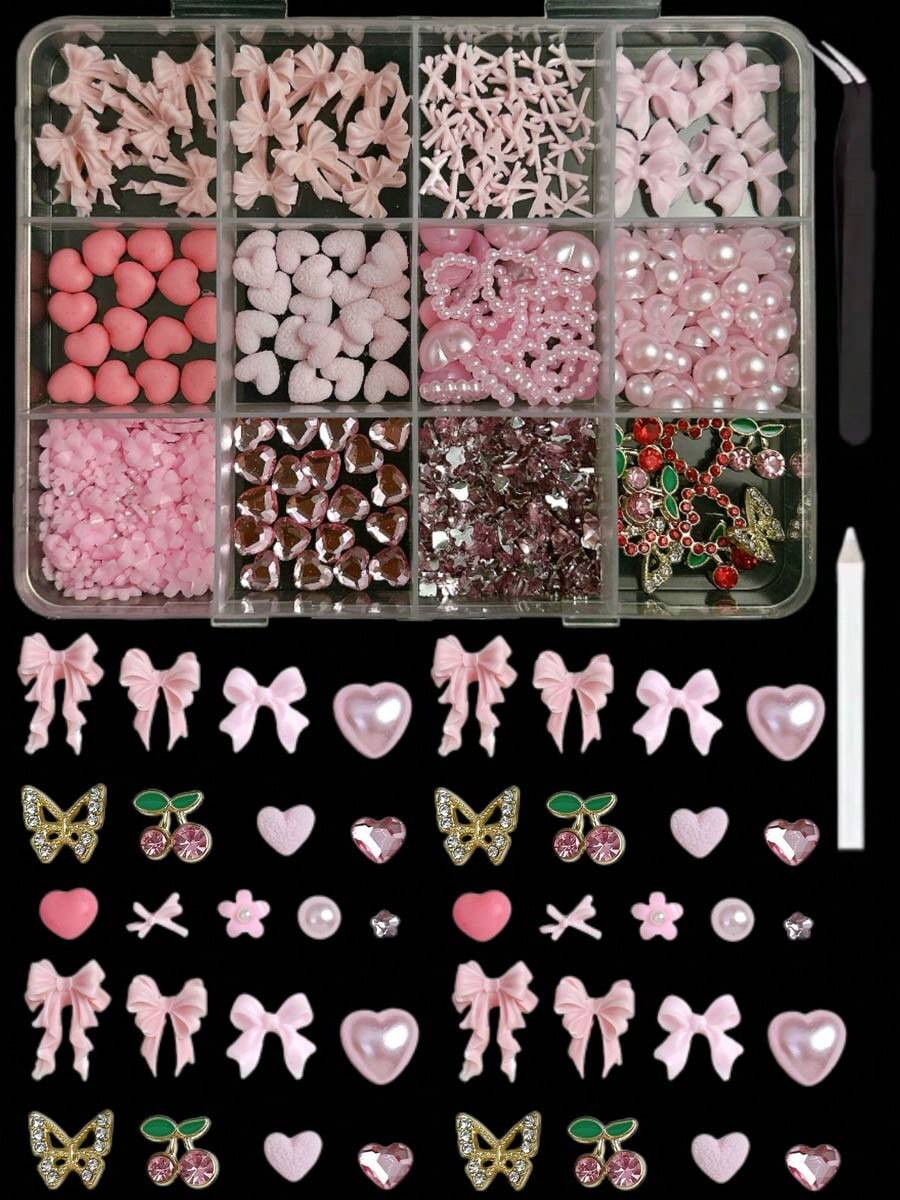 1 Box zufällig gemischte ABS rosa Schleifen Nagel Dekoration, 3D herzförmige Strass rosa Perlen, geeignet für Valentinstag Partys, Nail Art Zubehör DIY - Verschiedenfarbig - Übersicht 1