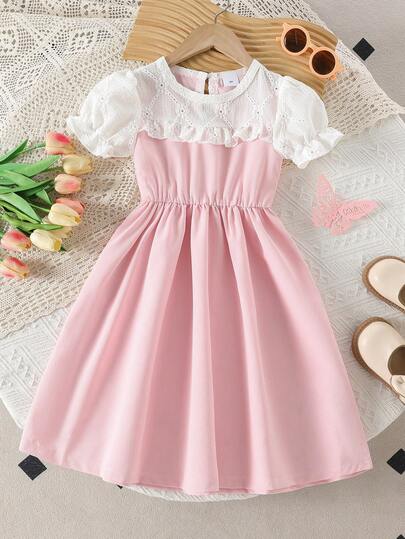 Girls Casual Soft & Comfortable Jacquard Fabric Solid Color Puff Sleeve One-Piece Dress, Suitable For Outdoor Wear, Spring/Summer