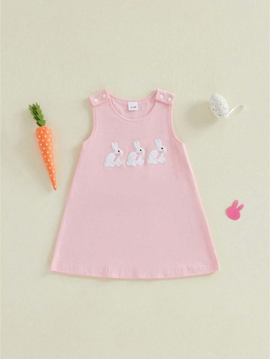 Vestido de conejo de Pascua sin mangas para bebé y niña pequeña con bordado de conejo, conjunto de fotos familiares de primavera para bebé - Rosa - Ver 1