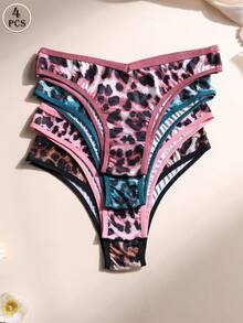 4 piezas Bikini sexy de leopardo para mujer con bragas de cintura en V sin costuras, de seda de hielo, suave, cómodo y transpirable, lencería interior para yoga, deportes y uso diario - Multicolor - Ver 1