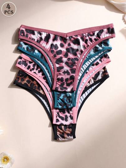 4条装性感豹纹比基尼女士内裤，V腰无缝三角裤，冰丝般柔软舒适透气，适合瑜伽、运动和日常穿着。