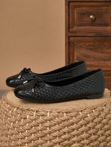 Women's Black Woven Texture Square Toe Ballet Shoes With Bow Accent, Casual Versatile Comfortable Commuting Shoes