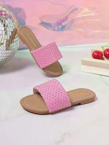 Girls' Pink Diamond Grid Hot Stamping Strap Slide Sandals, Fashionable And Versatile Flat Bottom - Hot Pink - View 4