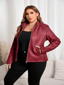 Áo khoác nữ cỡ lớn Giolshon thời trang thường ngày, phù hợp cho việc đi lại và chụp ảnh đường phố, áo khoác giả da cho mùa thu/đông và mùa xuân. - Đỏ - Xem 1