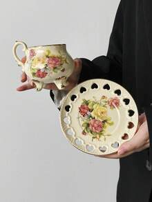 1 Set (1 Cup + 1 Saucer) Nordic Style English Ceramic Rose Coffee Cup & Saucer Set, Hollow Heart Saucer, American Latte Coffee Cup & Saucer, High-End Classical Palace Style Afternoon Tea Cup, Office/Home Tea Cup Set, Breakfast Milk Mug, Valentine's Day/Birthday Gift, Party Supplies, Gift For Boyfriend/Girlfriend - Multicolor - View 12
