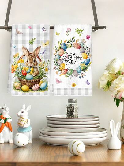 2 st kökshanddukar med påskhare, 40*48 cm disktrasor med påskägg och blommönster, mjuka absorberande handdukar i mikrofiber, Glad påsk 2026 köksdekor, matbordsdekor, heminredning, inflyttningspresent, vårdekoration