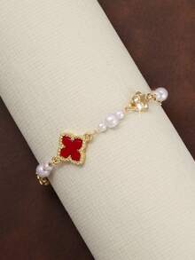 1pc Casual Elegant Design Mori Style Vintage Hong Kong French Romantic Geometric Heart Layered Bracelet - Red, White and Gold - View 4