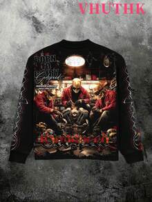 VHUTHK (250g Pure Polyester Round Neck Pullover Sweater) <GODSPEED: Born To Glory> Double Sided Digital Printing, Filament Effect  Y2K Men's Round Neck Sweater In Autumn And Winter. - 黑色 - 查看 3