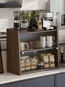 无框厨房储物盒，亚克力推拉门，复古风格，非常适合存放小物件和玻璃器皿，梯形设计，方便放置于台面，安装简便。 - 胡桃色 - 查看 5