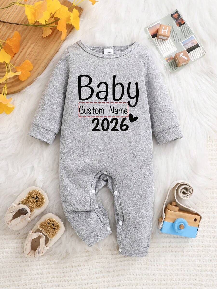 Customized Personalized Name 2025 Print Baby Girl Romper, Casual Round Neck Long Sleeve Jumpsuit Suitable For Infant Boys And Girls, Outdoor Perfect Choice