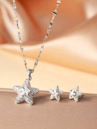 Conjunto de 3 piezas de collar con colgante de pentagrama de doble capa y aretes, conjunto de joyas de diseño único y minimalista para mujeres