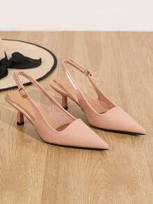 Elegant High Heels, Minimalist Design Women's High Heels, New Fashion High Heel Pumps With Rear Strap Buckle, Thin Stiletto Heel, Soft Bottom Soft Leather Pointed Toe Shoes, Comfortable Rear Strap Women's Heels, Western Style Wedding Strap Buckle Pumps - Barely Pink - View 5
