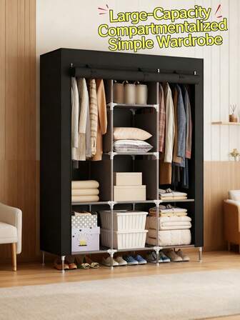 1pc Multi-Layer Portable Wardrobe, Easy To Assemble, Large Capacity Bedroom Dust-Proof Storage Cabinet, Space-Saving, Simple Clothes & Bedding Storage, Dust Cover For Tidy Bedroom, Suitable For Rental And Home Use