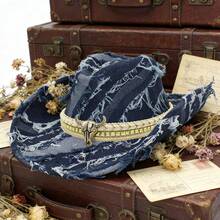 Western Style Cowgirl Hat Stylish Bull Decorated Denim Wide Brimmed Cap For Men Women Outdoor Party - 天藍 - 查看 1