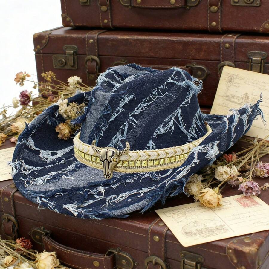 Western Style Cowgirl Hat Stylish Bull Decorated Denim Wide Brimmed Cap For Men Women Outdoor Party - 天藍 - 查看 1