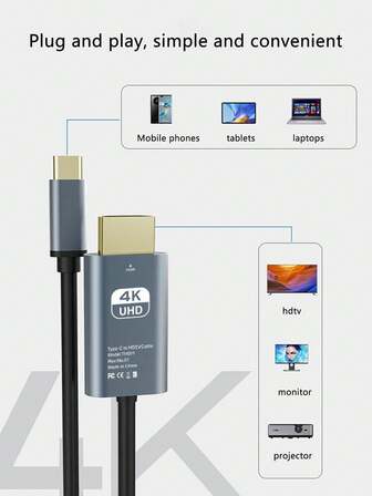 Typ-C till speglingskabel, stöder 4K HD, låter dig ansluta din telefon eller dator till externa skärmar för spegling, enkel anslutning och bekväm användning, förbättrar arbets- och underhållningsupplevelsen. (Se kompatibla modeller och köp noggrant.)