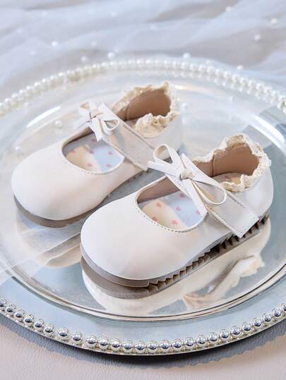 1 Pair Girls' Bow Lace Trim Solid Color Soft Bottom Fashion Round Toe Shoes, Suitable For 1-6 Years Old To Wear With Dresses
