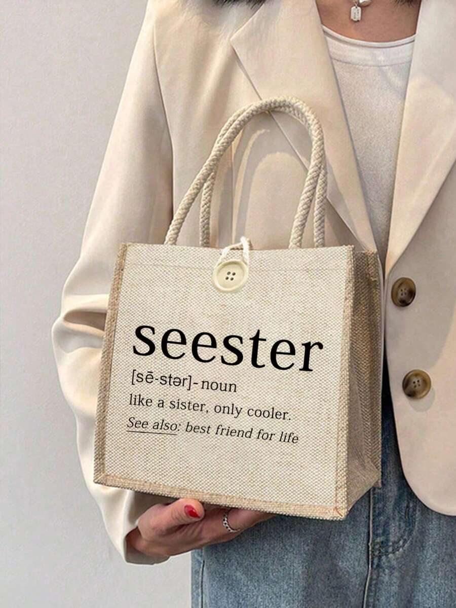 1个“最佳教师”印花亚麻手提袋，可重复使用印花手提包，女士双提手购物书包，大容量单肩包，休闲手提包，圣诞节收纳袋，适合通勤、上学、购物、户外活动，可作为礼物送给朋友、女朋友，教师节、节日等场合。 - 彩色 - 查看 1