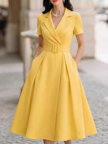 优雅、时尚、简约、精致的短袖连衣裙，收腰设计，A字廓形，适合办公室穿着。 - 黃色 - 查看 2
