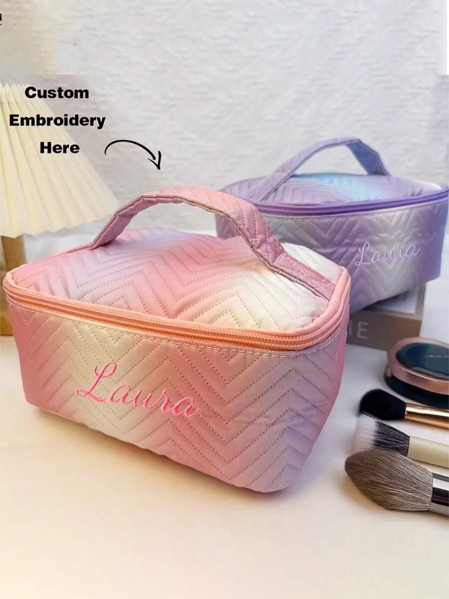 [Customized Embroidery] Gradient Diamond Pattern Cosmetic Bag, Women's Portable Storage Bag, Personalized Name Embroidery, Cosmetic Organizer Bag