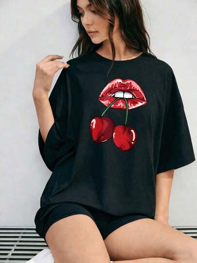 Camiseta Oversize  Con Estampado De Labios Rojos Y Cerezas Para Mujer Moda Casual Verano 2026