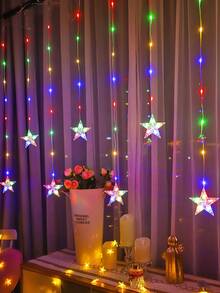 1pc 2m 82LED Cute Star Shaped Window Curtain Decor String Lights, Battery Powered Star Fairy Lights, Indoor Bedroom Wall Decor Lights, Wedding Party Holiday Decoration Lights - Clear - View 4