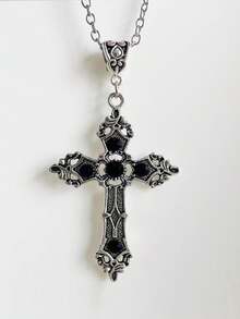 Dây chuyền mặt dây chuyền hình thánh giá phong cách Gothic tối giản cổ điển với đá quý đen và đỏ dành cho nam giới - Bạc - Xem 1