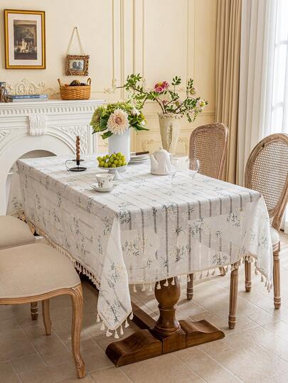 1pc Spring & Summer Delicate Hollow-Out Knitted Tassel Tablecloth, Rectangular, Daisy 3D Print, Washable, Suitable For Coffee Table, Nightstand, Cabinet, Room Decor, Suitable For Parties, Picnics, Camping, Weddings, Tea Gatherings, All Seasons, Spring & Summer
