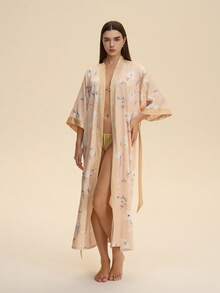 Vintage Loose Bohemian Floral Kimono Cover Up, Elegant Fashion Casual Wear, Lightweight Robe, Beachwear Cover Up, Summer - Apricot - View 11