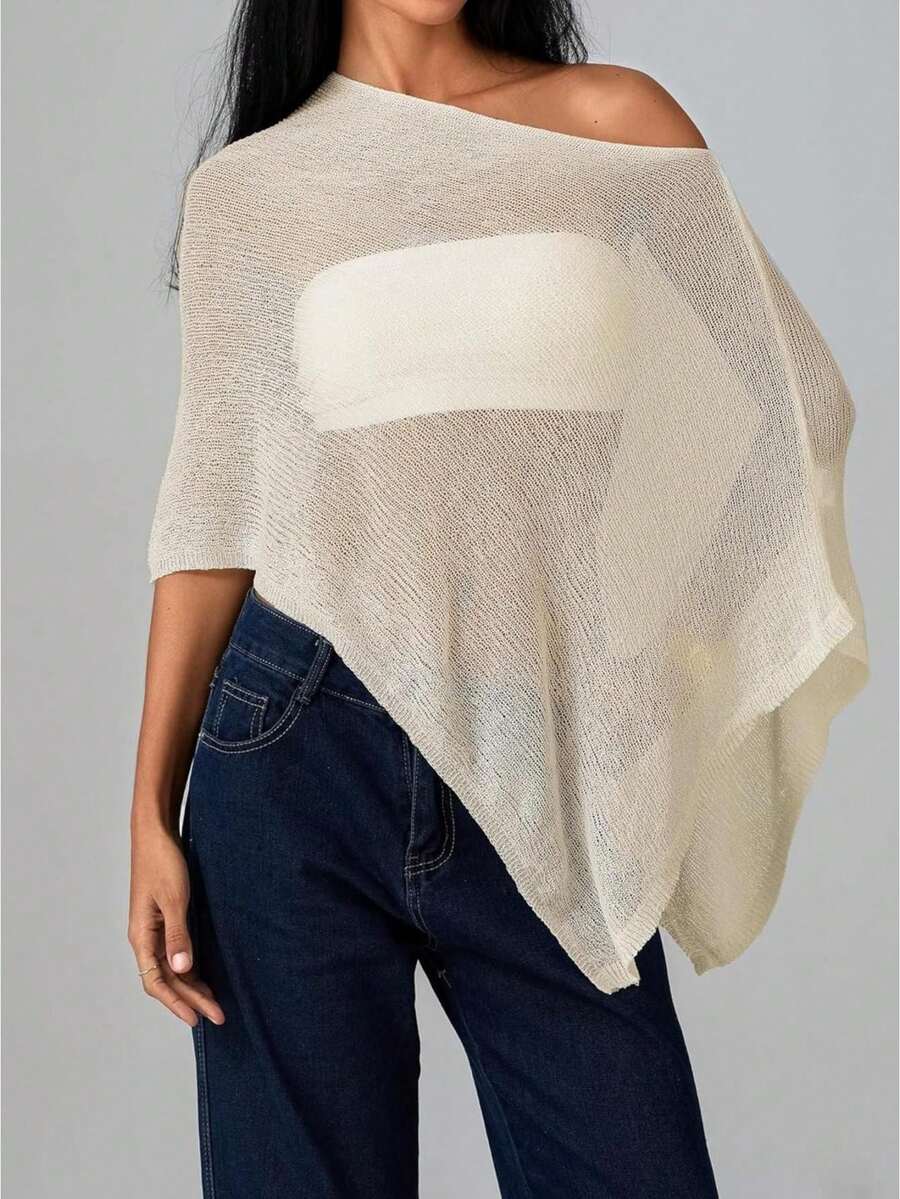 Women Sheer Knit Crochet Poncho Top Mesh Off Shoulder Shrug Summer Asymmetrical Shawl See Through Bolero Cover Up Tops - 杏色 - 查看 1