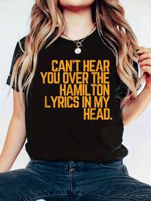 大码复古汉密尔顿名言印花短袖T恤 - 休闲运动风 - 舒适透气，适合春夏穿着，黑色 - 黑色 - 查看 4