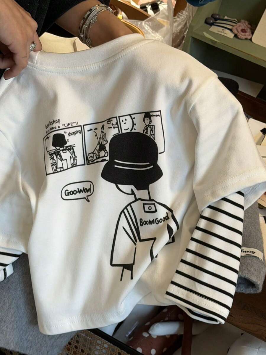 Áo thun thường ngày mùa thu cho bé trai với thiết kế tay sọc, họa tiết hoạt hình thêm phần vui nhộn và thời trang, thích hợp mặc hàng ngày - trắng - Xem 1