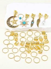 46pcs Baroque Moon And Star Hair Jewelry Accessories Boho Dreadlock Beads For Women And Girls Dances And Parties Music(Holidays), Claw Clips, Hair Slide, Hair Barrettes - Gold - View 2