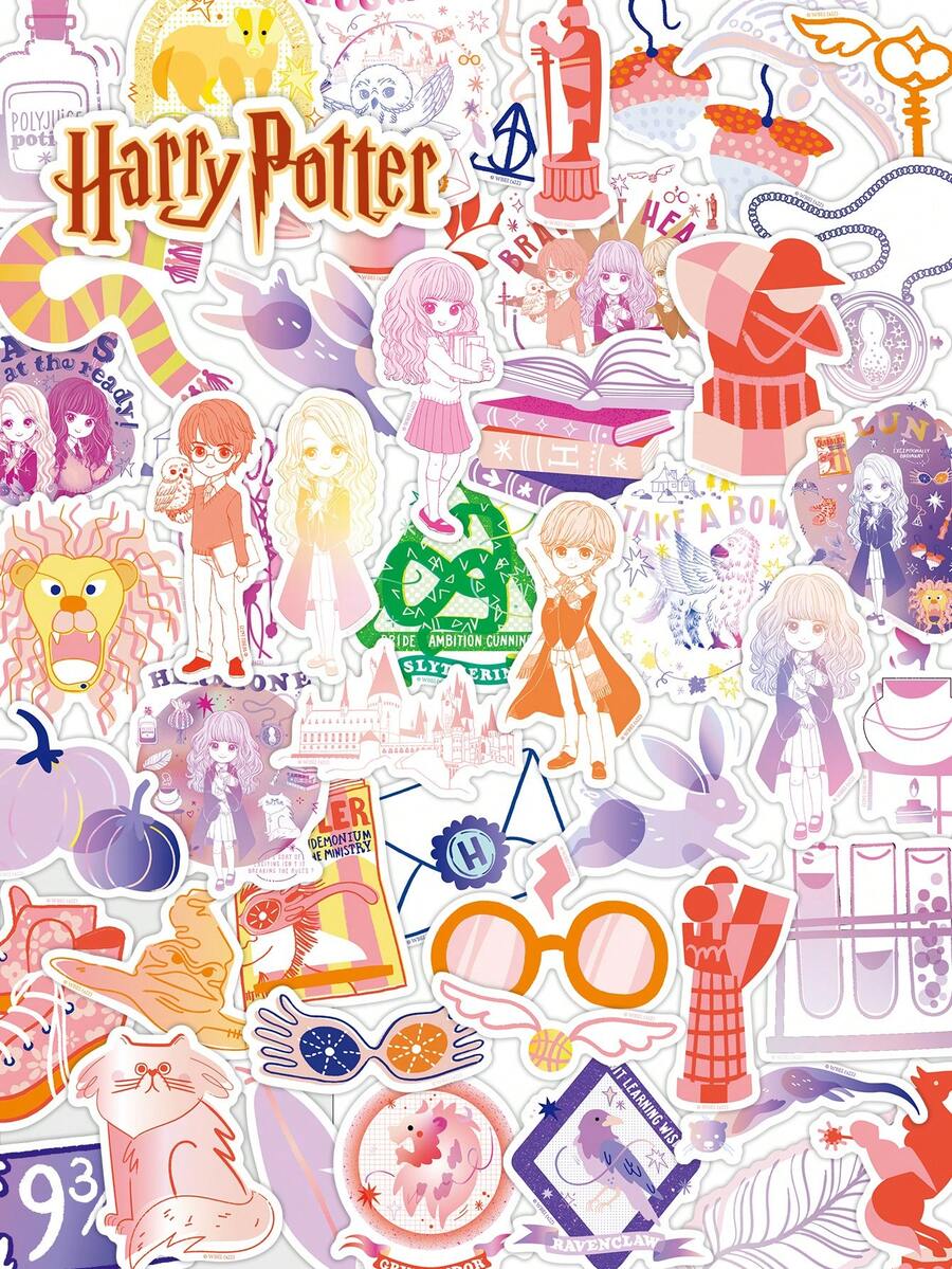 Harry Potter 50张复古卡通徽章贴纸，水彩风格涂鸦人物贴纸，防水耐用，适用于水瓶、笔记本电脑、保险杠、瓶子、电脑、手机、帽子、汽车等，适合青少年和成人，可作为纪念品、礼物、返校用品、愿景板装饰。[官方授权] - 彩色 - 查看 1
