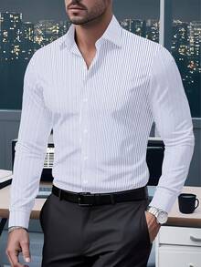 男士棉混纺牛津布竖条纹奢华休闲抗皱长袖衬衫，春秋季 - 灰色 - 查看 1