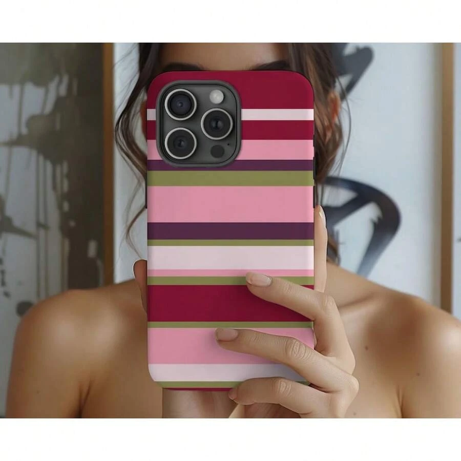 Funda de teléfono a rayas marrón y rosa para 16 15 14 13 y S25 S24 S23, funda resistente a rayas para, funda de teléfono creativa de dibujos animados, a prueba de golpes y resistente a caídas, protección completa, adecuada para 17/17ProMax/iPhone16/16Plus/16Pro/16ProMax, iPhone15/15Plus/15Pro/15ProMax, iPhone14/14Plus/14Pro/14ProMax, iPhone13/13Pro/13ProMax, regalo perfecto para novia, novio, Día de San Valentín, Navidad - Blanco - Ver 1